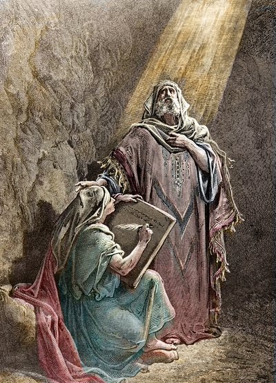 Profeten Jeremie dikterer sine profetier til Baruch - Colorisee-gravering af Pannemacker, fra Gustave Dores bibel (1832-1883) - Jeremiah (650-585 f.Kr.), hebraisk profet. Jeremias dikterer sine profetier til Baruk. Stik af Pannemaker, The Bibl af Gustave Dore