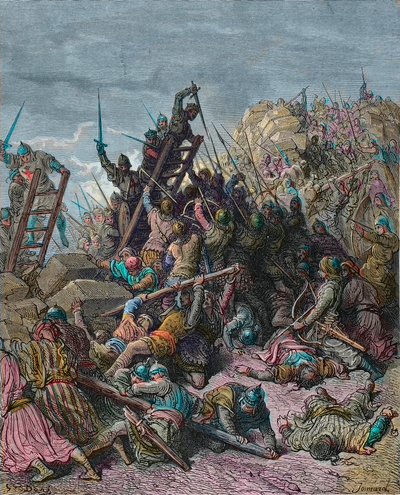 Belejringen af Ptolemais under det tredje korstog 1189 - gravering af Gustave Dore fra History of the Crusades af Joseph-Francois Michaud - Le siege de Saint Jean d
