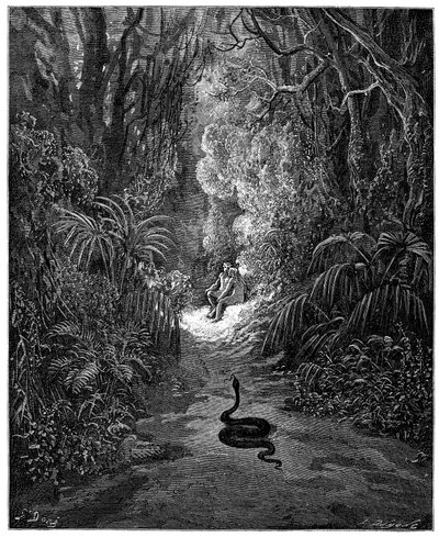 Slangen er på vej mod Adam og Eva. Illustration af Gustave Dore til "Paradise Lost" af John Milton (1608-1674). Gravering fra 1866. Privat samling af Gustave Dore