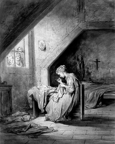 Skjortens sang af Thomas Hood ed. Moxon - En fattig couturière syr en skjorte i et soveværelse, et krucifiks hænger over sengen. illustration (tegning) af Gustave Dore omkring 1870 - En skitse af dette kobberstik findes på Musee d