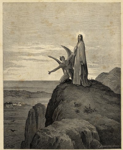 "Kristi fristelse" Jesus går ud i ørkenen og bliver fristet af djævelen. Illustration af Gustave Dore (1832-1883) til Bibelen. 1866 af Gustave Dore