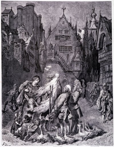 Den omvandrende jøde omgivet af nysgerrige i en by - i "Legenden om den vandrende jøde"" af Gustave Doré, Boghandel i den maleriske butik af Gustave Dore