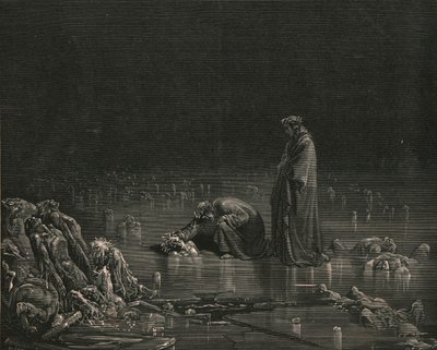 Da jeg tog fat i hans bagende hovedbund, råbte jeg: Nævn dig, eller ej skal et hår blive her, c1890. af Gustave Dore