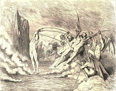 Når det er sagt, greb de ham med mere end hundrede kroge, c1890. af Gustave Dore