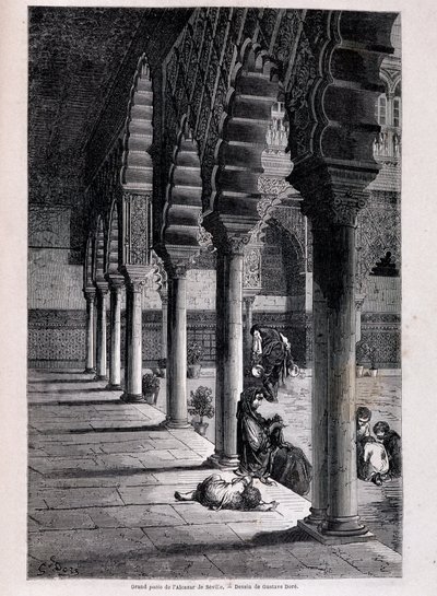 Udsigt til den store gårdhave af Alcazar i Sevilla - af Doré, i “” Tour du Monde ”, 2. Sem. 1866. af Gustave Dore