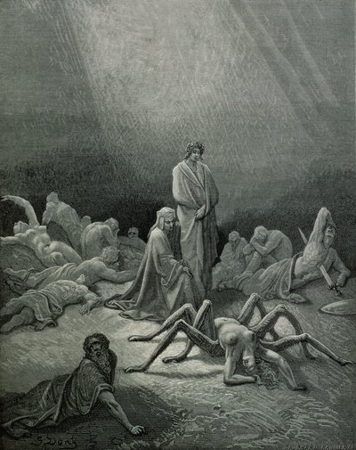 Virgil (70-19 f.Kr.) og Dante ser på edderkoppekvinden, illustration fra 