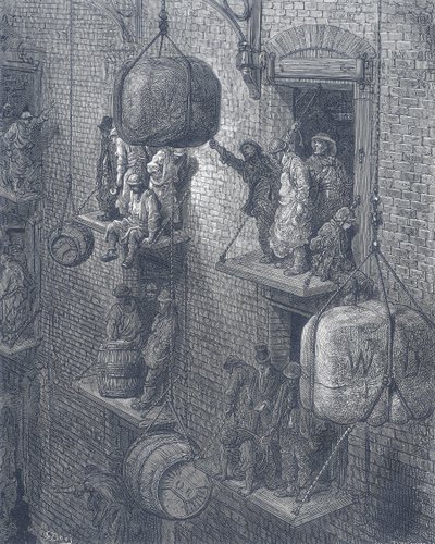 Lagerbygninger i byen London. Fra Gustave Dore og Blanchard Jerrold London: En pilgrimsrejse til London 1872. af Gustave Dore