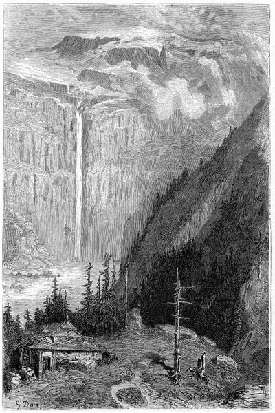 Vandfald i Cirque de Gavarnie set fra kroen: stik af Gustave Dore, der illustrerer bogen "Voyage aux Pyrenees" af Hippolyte Taine, Hachette 1860. af Gustave Dore