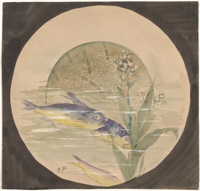 Design til en tallerken med tre blå-gule fisk, der svømmer opad nær en vandplante af Gustave Fraipont (signed by artist)