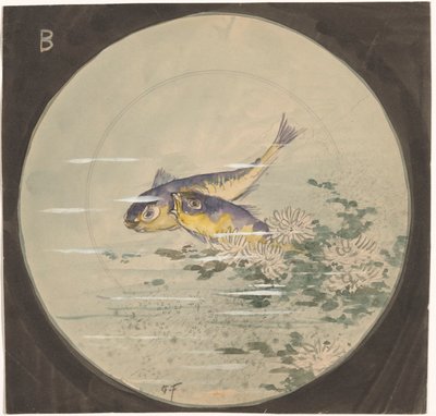Design til en tallerken med to blå-gule fisk nær åkander af Gustave Fraipont (signed by artist)