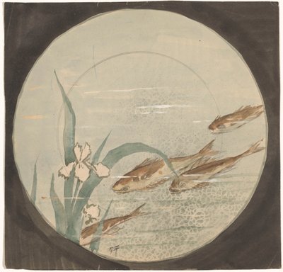 Design til en tallerken med fire brune fisk, der svømmer opad nær en hvid iris af Gustave Fraipont (signed by artist)