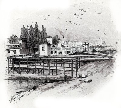 Vandbusser (pendlerbåde) reparationsværksteder på notfloden i Paris Tegning af Gustave Fraipont (1849-1923) tager udgangspunkt i "La seine a travers Paris" af Saint-Judges af Gustave Fraipont