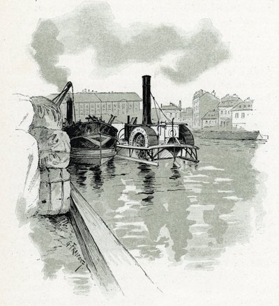Både, der fortøjer i havnen i La Villette, Paris (både i havnen i La Villette, Paris) tegning af Gustave Fraipont (1849-1923) trækker fra “La Seine A Travers Paris” af Saint-Juirs af Gustave Fraipont