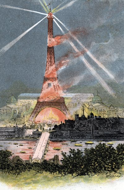 Eiffeltårnet oplyst under verdensudstillingen i Paris 1889 Tegning af Gustave Fraipont (1849-1923) tager udgangspunkt i "La seine a travers Paris" af Saint-Juirs af Gustave Fraipont