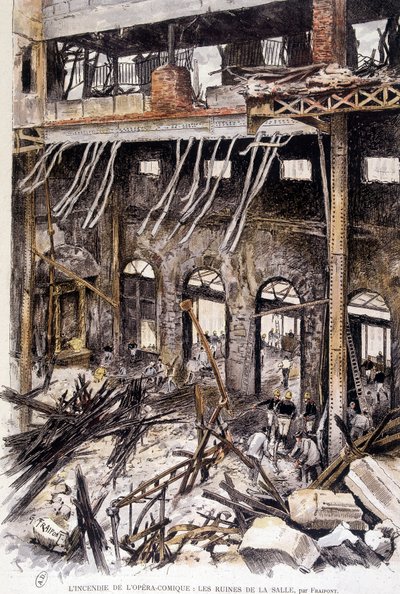 Brandmænd, der arbejder i ruinerne af rummet i opera comique de Paris efter branden, af Fraipont af Gustave Fraipont