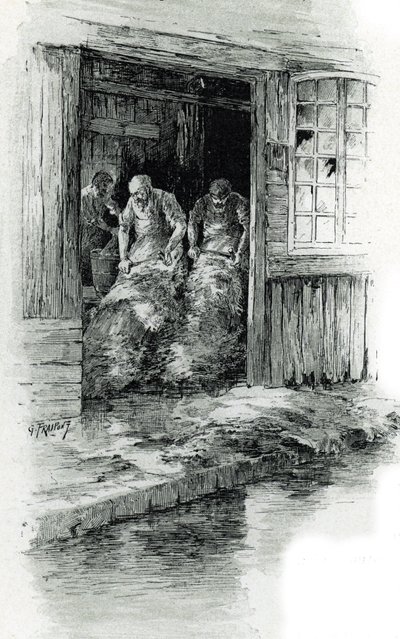 Megissiers de la rue des gobelins i Paris (garvere, der arbejder med læder og dyreskind i rue des Gobelins, Paris) Tegning af Gustave Frainpont (1849-1923) tager fra "La seine a travers Paris" af Saint-Juirs af Gustave Fraipont
