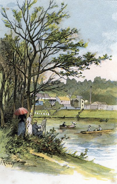 Søndagsklapvogne på noten i Bas-Meudon (Meudon-sur-Seine) Tegning af Gustave Fraipont (1849-1923) fra Saint-Juirs af Gustave Fraipont