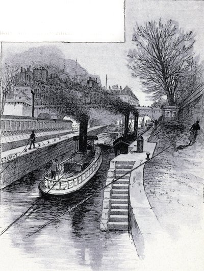 Trækbåde af slusen på Seinen foran Hotel des Monnaie, Paris Tegning af Gustave Fraipont (1849-1923) fra Saint-Juirs af Gustave Fraipont