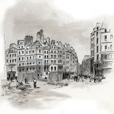 Udsigt over Place Maubert, Paris Tegning af Gustave Fraipont (1849-1923) tegner fra "La seine a travers Paris" af Saint-Juirs af Gustave Fraipont