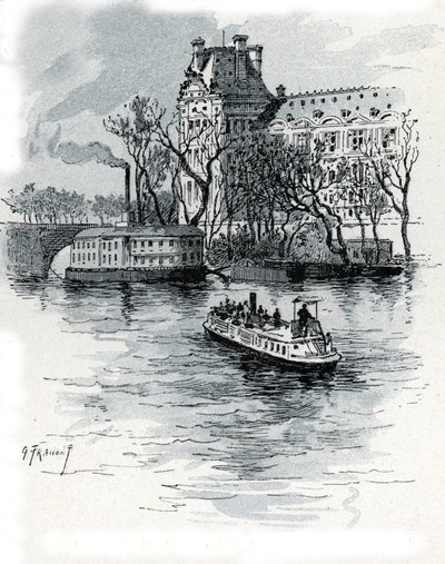 Udsigt over Pavillon de Flore, Palais du Louvre, fra Quai Voltaire, Paris (Udsigt over Pavillon de Flore-delen af ​​Louvre-paladset fra quai Voltaire, Paris) Tegning af Gustave Fraipont (1849-1923) fra Saint-Juirs af Gustave Fraipont