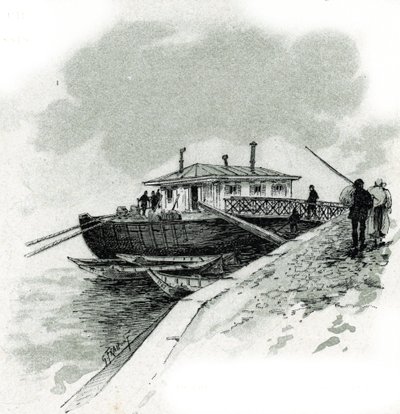 Udsigt over båden, hvor handlende betalte tilskuddet fra Seine for at kunne importere varer, quai de Bercy a Paris (Udsigt over båden i quai de Bercy, hvor handlende betalte tilskuddet, afgift for at importere varer, Paris) Tegning af Gustave Fraipont ( 18 af Gustave Fraipont