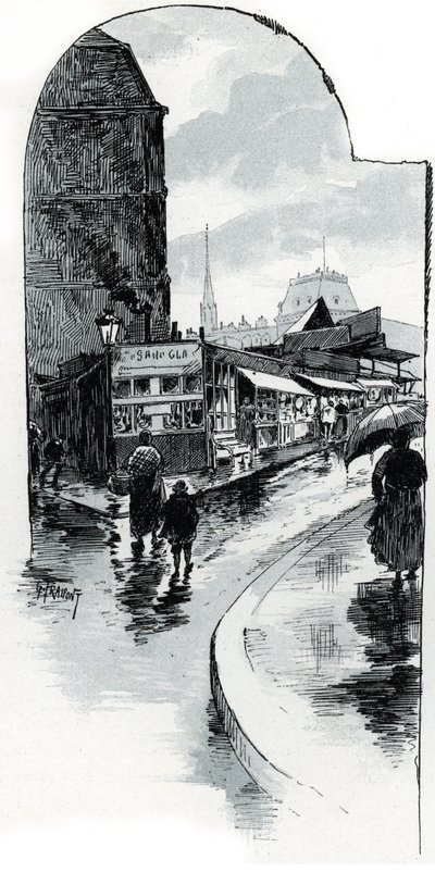 Udsigt over brocanteurs på hjørnet af rue de la bucherie i Paris (genbrugsbutikker i rue de la Bucherie, Paris) Tegning af Gustave Fraipont (1849-1923) tager fra "La seine a travers Paris" af Saint- Juirs af Gustave Fraipont