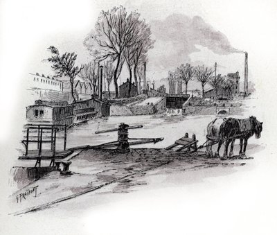 Udsigt over kanalen Saint-Denis og quai de la Gironde a la Villette, Paris (Udsigt over canal saint Denis og quai de la Gironde i Villette-distriktet, Paris) Tegning af Gustave Fraipont (1849-1923) fra Saint-Juirs af Gustave Fraipont