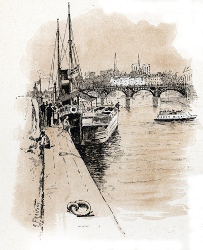 Udsigt over firmaet Seine et Thames, hvis både forbinder Paris og London Tegning af Gustave Fraipont (1849-1923) tegner fra "La seine a travers Paris" af Saint-Juirs af Gustave Fraipont