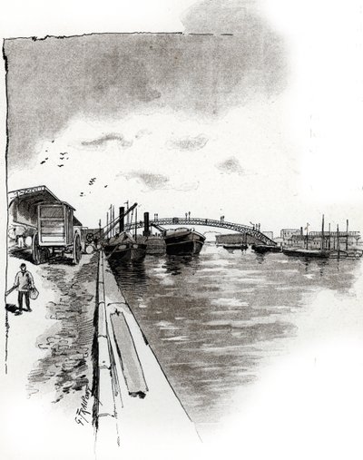 Udsigt over gangbroen ved Canal de la Villette, Paris (Gangbro over Canal de la Villette, Paris) Tegning af Gustave Fraipont (1849-1923) er hentet fra "La seine a travers Paris" af Saint-Juirs af Gustave Fraipont