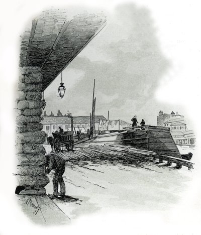 Udsigt over hangarerne i havnen i La Villette i Paris (både og skur fra havnen i La Villette, Paris) Tegning af Gustave Fraipont (1849-1923) er hentet fra "La seine a travers Paris" af Saint-Juirs af Gustave Fraipont