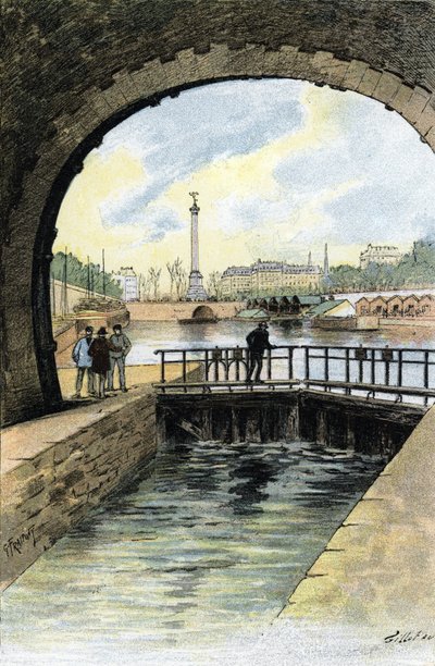 Udsigt over slusen ved Canal Saint Martin i Paris Tegning af Gustave Fraipont (1849-1923) fra "La seine a travers Paris" af Saint-Juirs af Gustave Fraipont