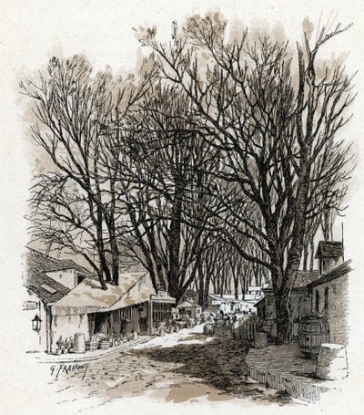 Udsigt over det nye pakhus i rue Leopold, bercy Paris (Udsigt over pakhuset i rue Leopold In bercy, Paris) Tegning af Gustave Fraipont (1849-1923) tegner fra "La seine a travers Paris" af Saint-Juirs af Gustave Fraipont