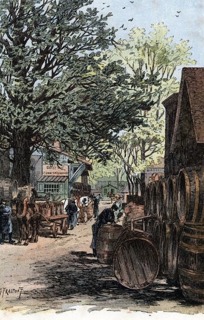 Udsigt over det nye pakhus på Rue Laroche, Bercy, Paris Vinlagre i rue Laroche i Bercy, Paris) Tegning af Gustave Fraipont (1849-1923) tegner fra "La seine a travers Paris" af Saint-Jurs af Gustave Fraipont