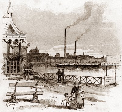 Udsigt over quai de Javel i Paris, actuel quai André-Citroen (Udsigt over quai Andre Citroen tidligere quai de Javel, Paris) Tegning af Gustave Fraipont (1849-1923) tager fra "La seine a travers Paris" af Saint- Juirs af Gustave Fraipont