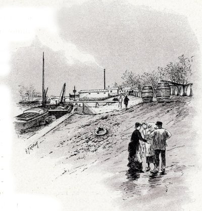 Udsigt over notflodens bredder og kajen Saint-Bernard, Paris Tegning af Gustave Fraipont (1849-1923) henter fra "La seine a travers Paris" af Saint-Juirs af Gustave Fraipont