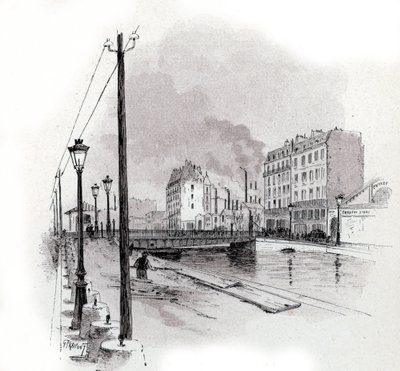 Udsigt over den svingende bro over quai de Valmy på kanalen Saint Martin, Paris Tegning af Gustave Fraipont (1849-1923) fra Saint-Jurs af Gustave Fraipont