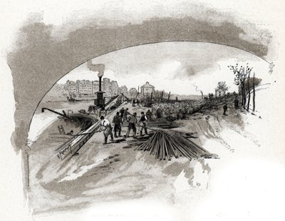 dechargement du fer sur le quai saint Bernard a Paris (Jernbokker afgivet af havnearbejderne på not-flodens bredder på kajen Saint-Bernard i paris) Tegning af Gustave Fraipont (1849-1923) tager fra "La seine a travers Paris" af Saint-Juirs af Gustave Fraipont
