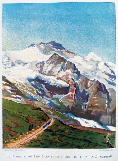 Den elektriske jernbane til Mount Jungfrau, schweiziske alper, 1800-tallet af Gustave Francois Lasellaz
