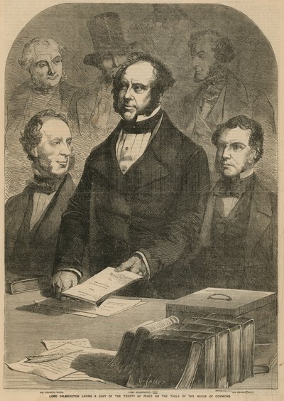 Lord Palmerston lægger en kopi af fredstraktaten på underhusets bord af Gustave Janet