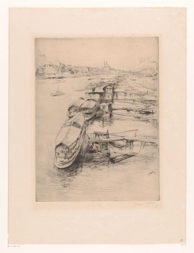 Fortøjede både i Auteuil, Paris Les bateaux Parisiens, Auteuil af Gustave Leheutre (signed by artist)
