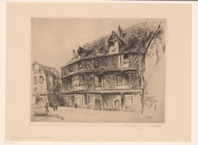 Gade med huse og vandrere i Chartres La maison du saumon (Chartres) (titel på objektet) af Gustave Leheutre (signed by artist)