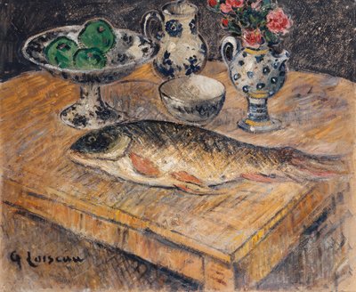 Stilleben med fisk, blomster og æbler; Stilleben med fisk, blomster og æbler, af Gustave Loiseau