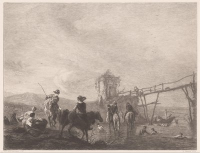 Hvile og svømme figurer på en bank Die pferdetränke (titel på objekt) af Gustave Marie Greux