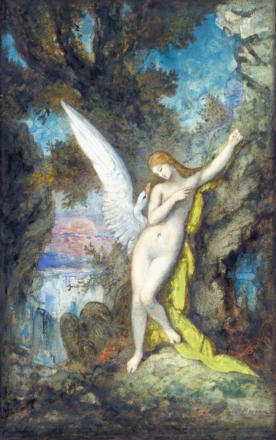 Leda and the Swan par Moreau, Gustave (1826-1898), - Akvarel, Gouache på papir, 34,2x22,2 - Privat samling af Gustave Moreau