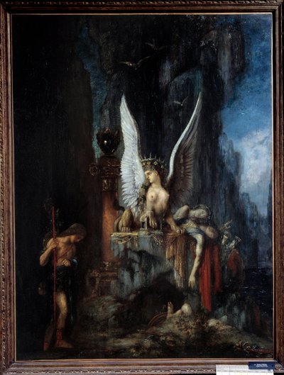 Den rejsende eller Ødipusrejsende eller Egalitten før Døden Ødipus foran sfinksen. Maleri af Gustave Moreau (1826-1898) 1800-tallet søn. 0,93x1,24 m Metz, musee des Beaux Arts. - Den rejsende eller Ødipus den rejsende eller Ligestilling før døden, af Gustave Moreau