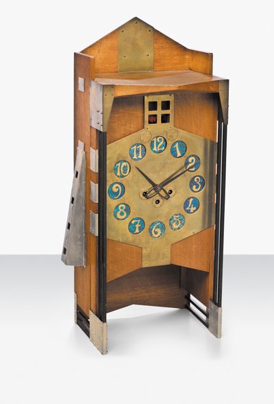 A Mantel Clock, ca. 1907 (eg, messing med iriserende Loetz-glastal) af Gustave Serrurier Bovy