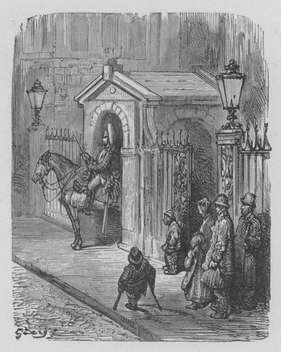 Hestevagt i fraktion foran dronningens palads af Gustave after Dore