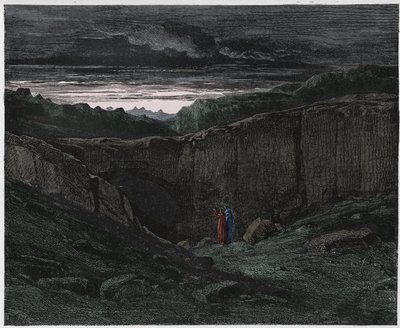 Inferno, Canto 3 : Virgil og Dante ved Helvedes porte, illustration fra Den guddommelige komedie af Dante Alighieri, 1885 (digitalt farvelagt gravering) af Gustave after Dore