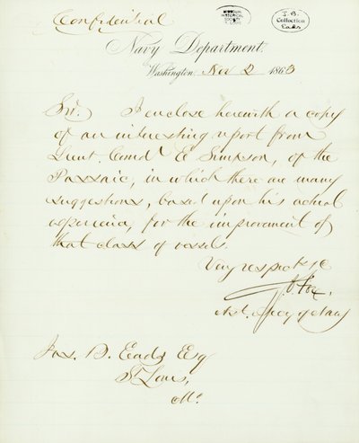Brev signeret G.V. Fox, Navy Department, Washington, til Jas. B. Eads [James B. Eads], St. Louis, Mo., 2. november 1863 af Gustavus Vasa Fox