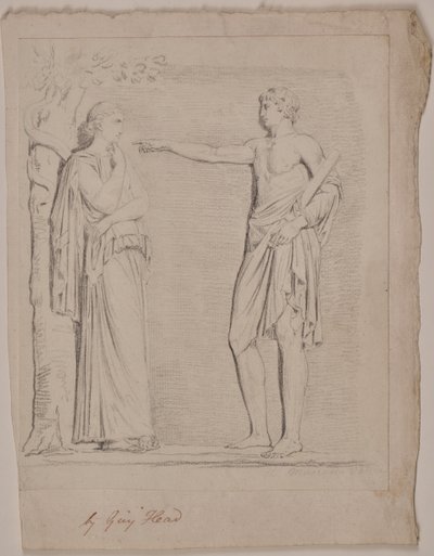 Fuld længde klassisk draperet kvindelig stående ved et træ, der skaleres af en slange af Guy Head